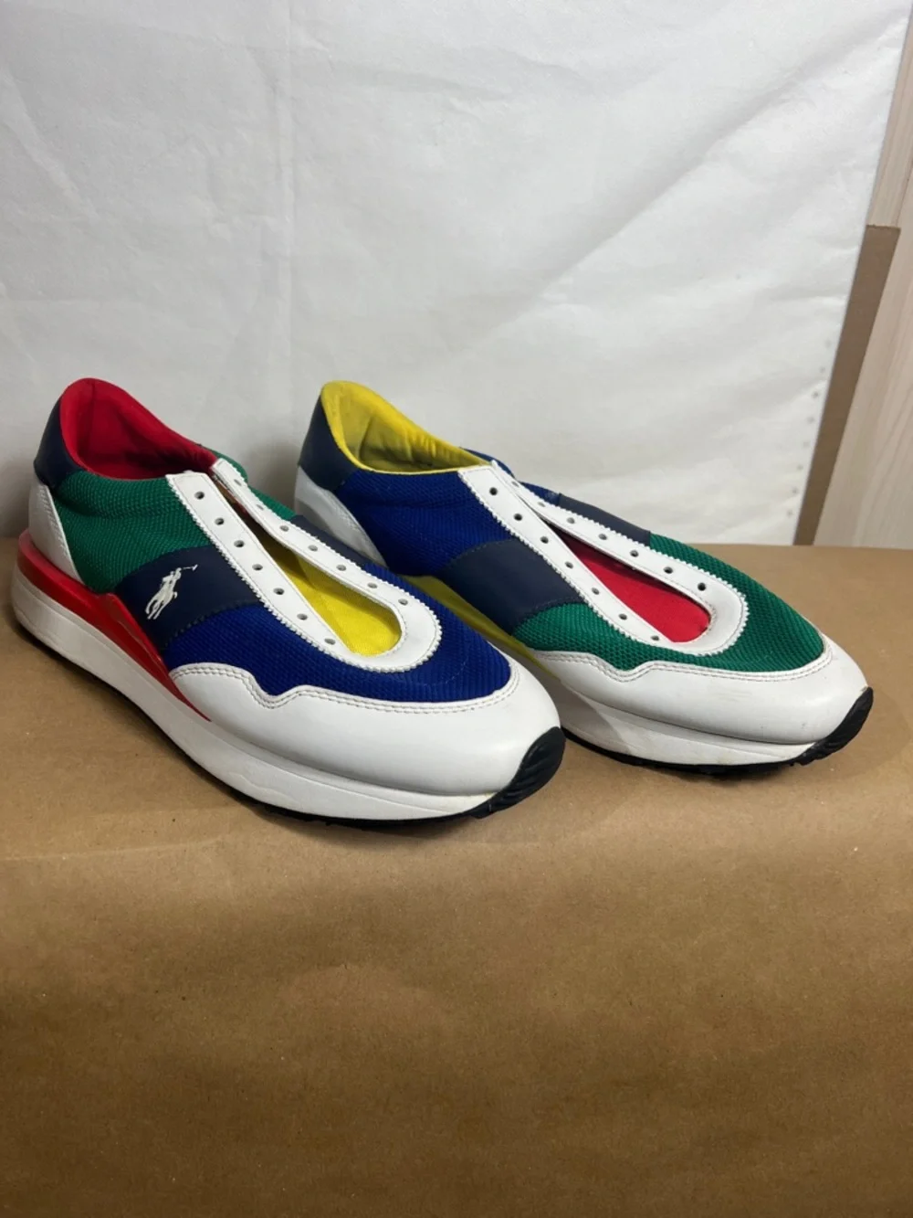 Men's Multicolor Athletic Slip-On Sneakers - White/Blue/Green/Red/Yellow - Picture 3 of 7